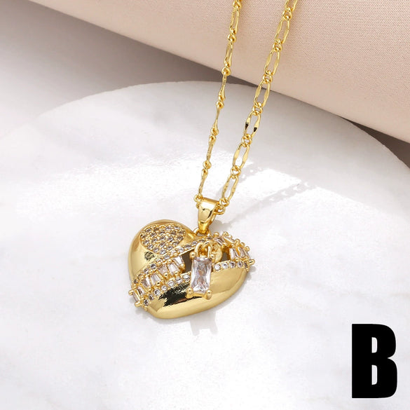 Wholesale Jewelry Simple Heart Pendant Necklace Women Copper Plated Real Gold Full Zircon Clavicle Chain