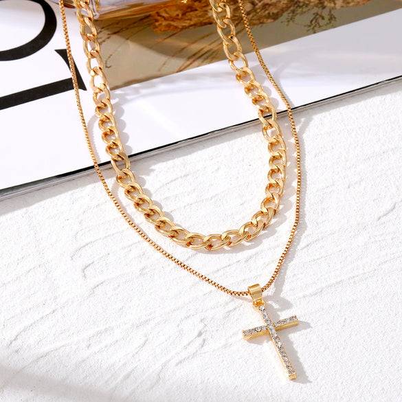 Wholesale Jewelry Simple Multilayer Cross Alloy Ochain Necklace For Women With Geometric Pattern And Diamond Design