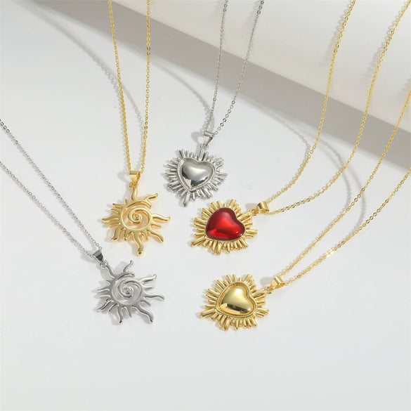 Wholesale Jewelry Simple Retro Love Design Copper Pendant Clavicle Chain With Mixed Gemstone Inlay Heart Shape Electroplating For Women