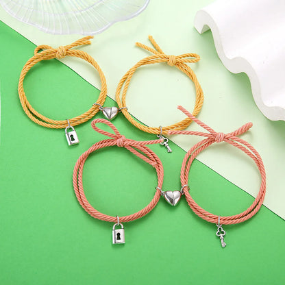 Wholesale Jewelry Simple Rubber Band Rope Heart Key Lock Couple Bracelet Set Nihaojewelry