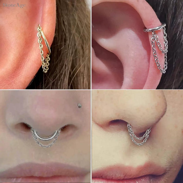 Wholesale Jewelry Simple Stainless Steel 316L Geometric Tassel And Ring Piercing Earrings And Nose Ring With Electroplating