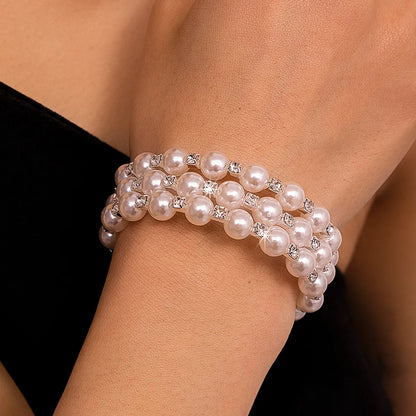 Simple Style Artificial Gemstones Artificial Pearl Layered Inlay Rhinestones Pearl Women'S Wristband