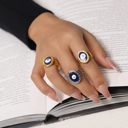 Wholesale Jewelry Simple Style Artistic Round Devil'S Eye Eye 304 Stainless Steel 18K Gold Plated Enamel Plating Hollow Out Open Rings