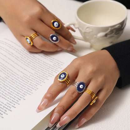 Wholesale Jewelry Simple Style Artistic Round Devil'S Eye Eye 304 Stainless Steel 18K Gold Plated Enamel Plating Hollow Out Open Rings