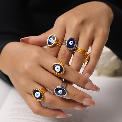 Wholesale Jewelry Simple Style Artistic Round Devil'S Eye Eye 304 Stainless Steel 18K Gold Plated Enamel Plating Hollow Out Open Rings