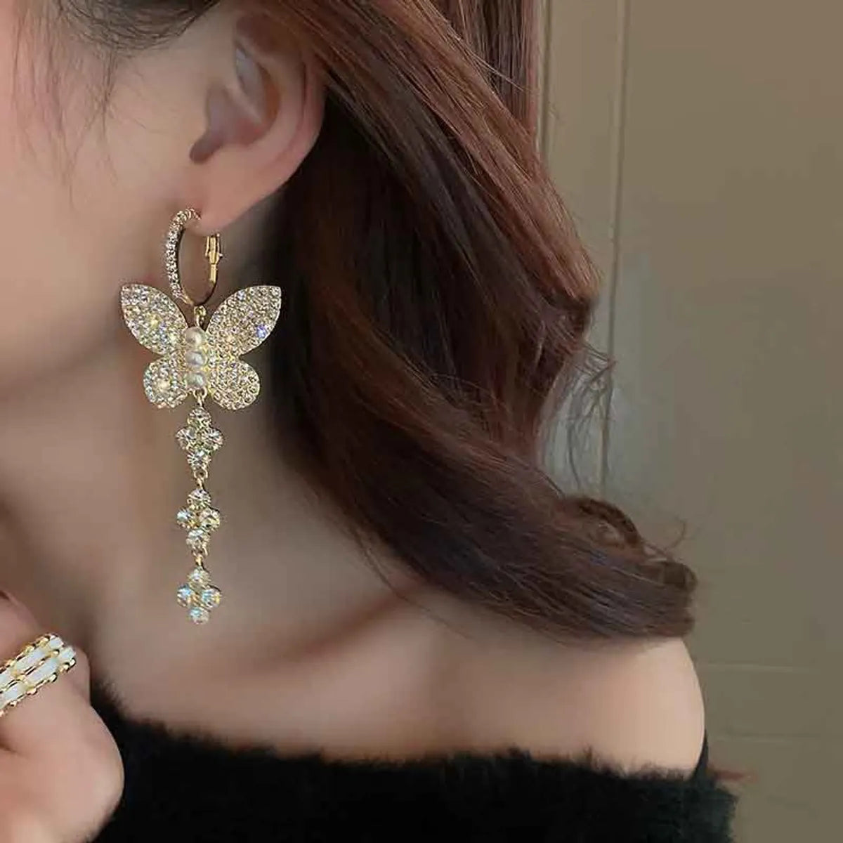 Wholesale Jewelry Simple Style Butterfly Alloy Rhinestones Gold Plated Patchwork Plating Inlay Drop Earrings