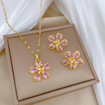 Wholesale Jewelry Simple Style Classic Style Artistic Five-Leaf Flower Titanium Steel Zircon Gold Plated Inlay Earrings Necklace Jewelry Set