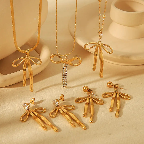 Wholesale Jewelry Simple Style Classic Style Bow Knot 304 Stainless Steel Zircon 18K Gold Plated Inlay Earrings Necklace Jewelry Set