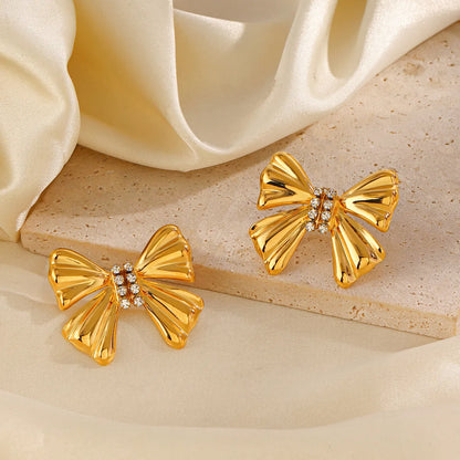 Wholesale Jewelry Simple Style Classic Style Bow Knot 304 Stainless Steel Zircon 18K Gold Plated Plating Inlay Jewelry Set