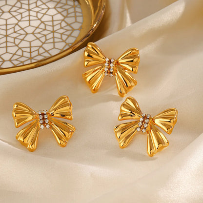 Wholesale Jewelry Simple Style Classic Style Bow Knot 304 Stainless Steel Zircon 18K Gold Plated Plating Inlay Jewelry Set