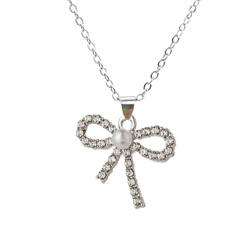 Wholesale Jewelry Simple Style Classic Style Bow Knot Alloy Rhinestones Gold Plated Silver Plated Plating Inlay Pendant Necklace