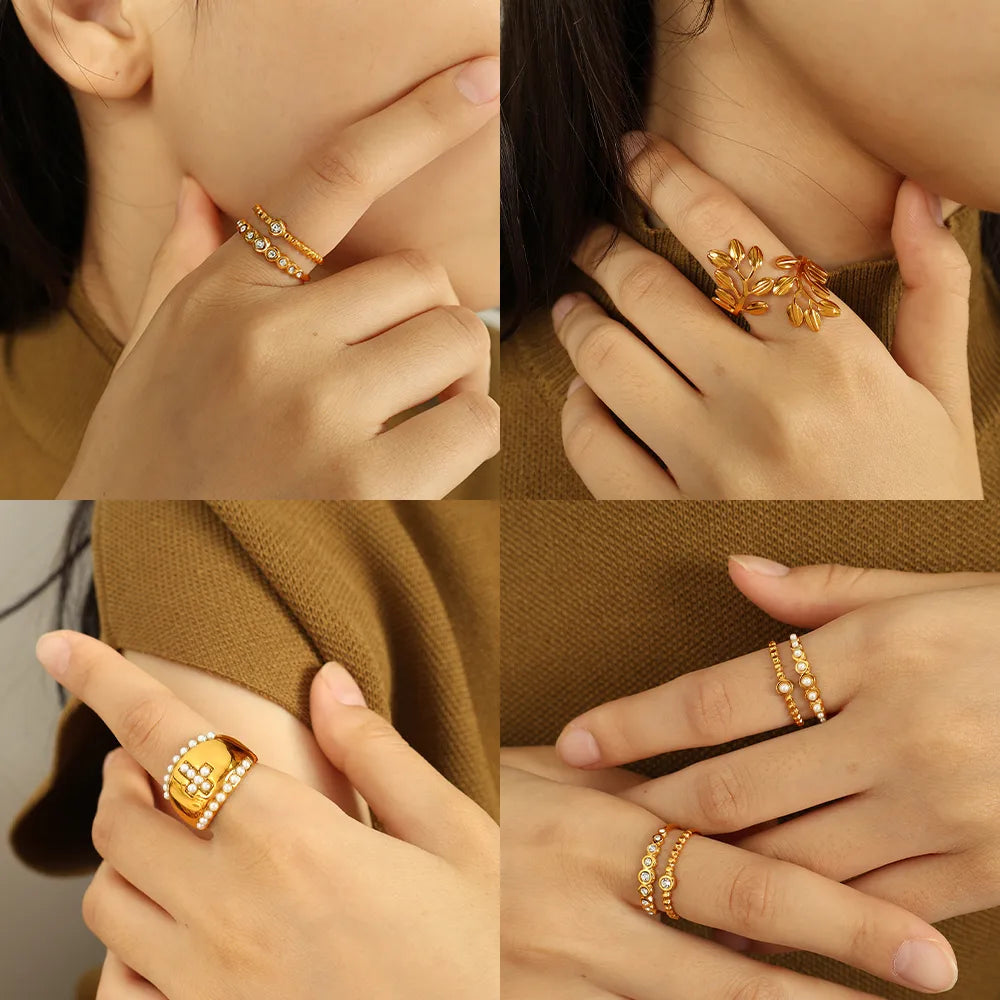 Wholesale Jewelry Simple Style Classic Style British Style Cross Leaves 304 Stainless Steel Artificial Pearls 18K Gold Plated Polishing Plating Inlay Rings