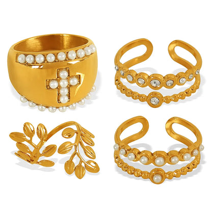 Wholesale Jewelry Simple Style Classic Style British Style Cross Leaves 304 Stainless Steel Artificial Pearls 18K Gold Plated Polishing Plating Inlay Rings