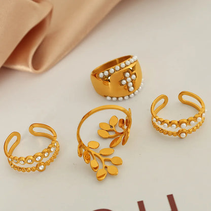 Wholesale Jewelry Simple Style Classic Style British Style Cross Leaves 304 Stainless Steel Artificial Pearls 18K Gold Plated Polishing Plating Inlay Rings