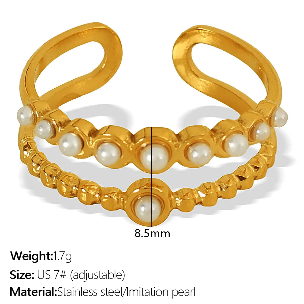 Wholesale Jewelry Simple Style Classic Style British Style Cross Leaves 304 Stainless Steel Artificial Pearls 18K Gold Plated Polishing Plating Inlay Rings