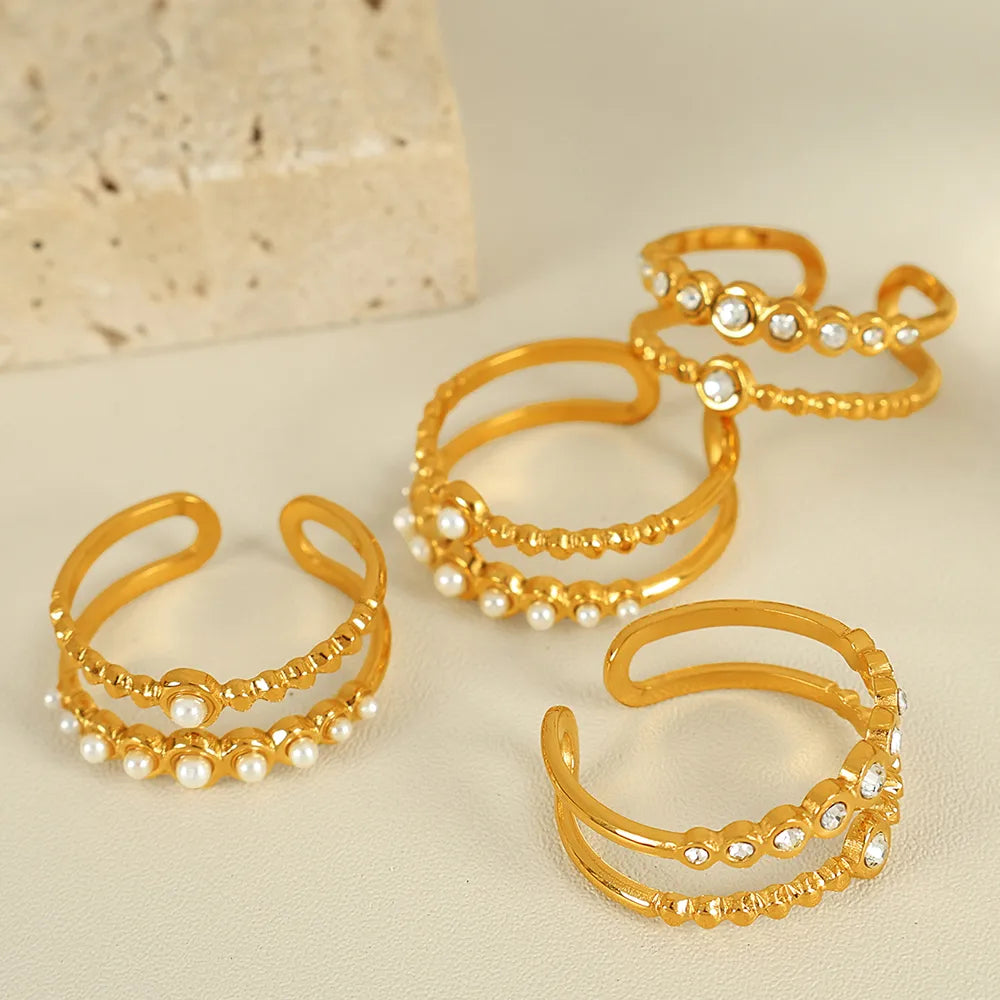 Wholesale Jewelry Simple Style Classic Style British Style Cross Leaves 304 Stainless Steel Artificial Pearls 18K Gold Plated Polishing Plating Inlay Rings