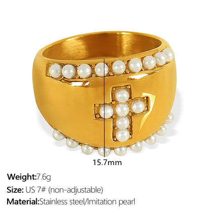 Wholesale Jewelry Simple Style Classic Style British Style Cross Leaves 304 Stainless Steel Artificial Pearls 18K Gold Plated Polishing Plating Inlay Rings