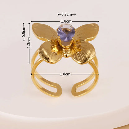 Wholesale Jewelry Simple Style Classic Style Butterfly 304 Stainless Steel Rhinestones 14K Gold Plated Plating Inlay Rings