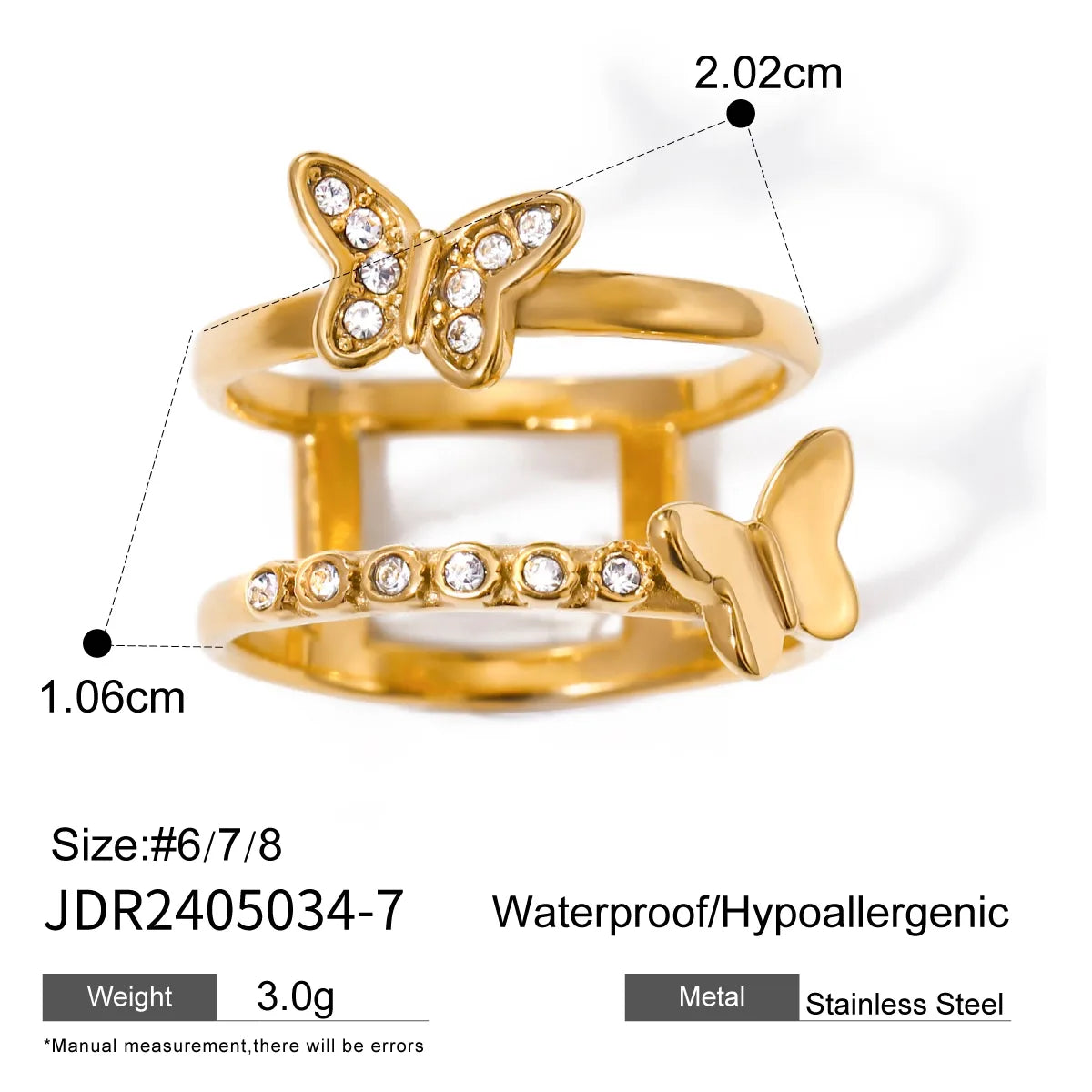 Wholesale Jewelry Simple Style Classic Style Butterfly 316 Stainless Steel  Rhinestones Inlay Rings