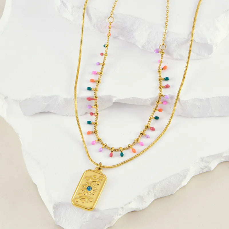 Wholesale Jewelry Simple Style Classic Style Color Block Titanium Steel Rhinestones Inlay Layered Necklaces