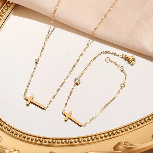 Wholesale Jewelry Simple Style Classic Style Commute Cross 304 Stainless Steel Artificial Rhinestones 18K Gold Plated Plating Jewelry Set