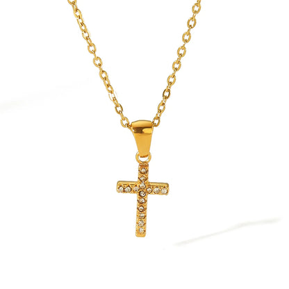 Wholesale Jewelry Simple Style Classic Style Cross 304 Stainless Steel Zircon 18K Gold Plated Plating Inlay Pendant Necklace