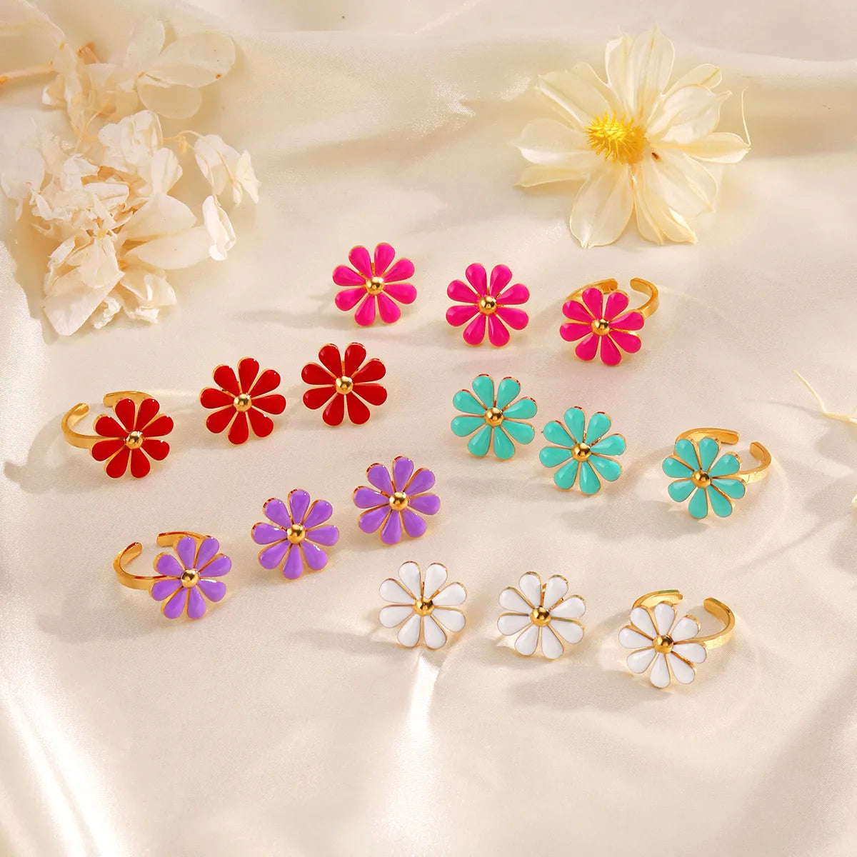 Wholesale Jewelry Simple Style Classic Style Flower 304 Stainless Steel Resin 18K Gold Plated Enamel Rings Earrings