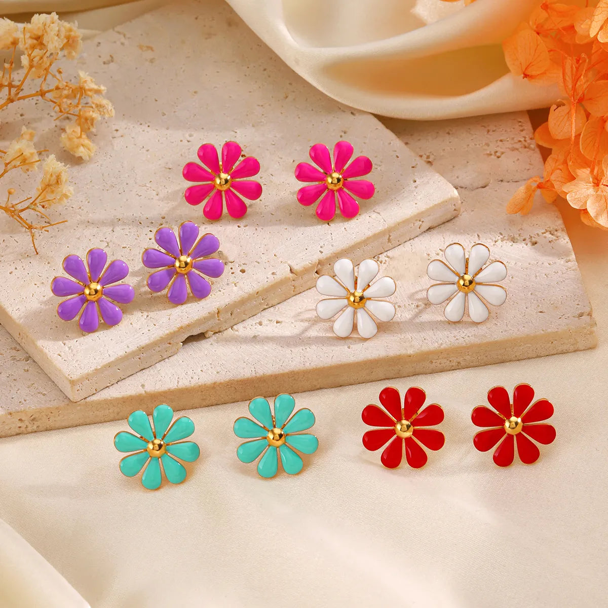 Wholesale Jewelry Simple Style Classic Style Flower 304 Stainless Steel Resin 18K Gold Plated Enamel Rings Earrings