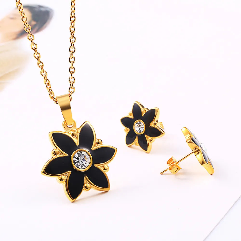 Wholesale Jewelry Simple Style Classic Style Flower 304 Stainless Steel Rhinestones 18K Gold Plated Inlay Earrings Necklace