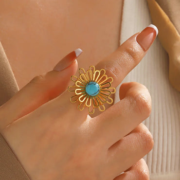 Wholesale Jewelry Simple Style Classic Style Flower 304 Stainless Steel Turquoise 18K Gold Plated Inlay