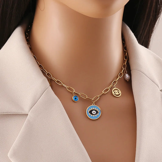 Wholesale Jewelry Simple Style Classic Style Heart Shape Eye 304 Stainless Steel 18K Gold Plated Enamel Plating Necklace