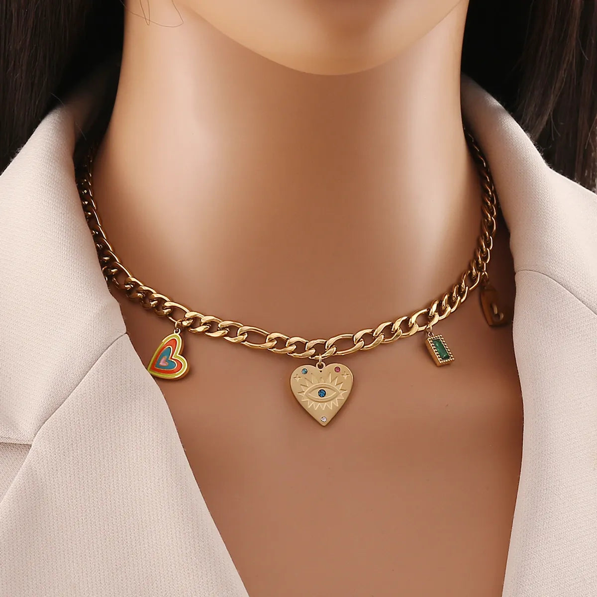 Wholesale Jewelry Simple Style Classic Style Heart Shape Eye 304 Stainless Steel 18K Gold Plated Enamel Plating Necklace