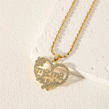 Wholesale Jewelry Simple Style Classic Style Letter Heart Shape Flower 201 Stainless Steel Brass Zircon 18K Gold Plated Hollow Out Inlay Pendant Necklace