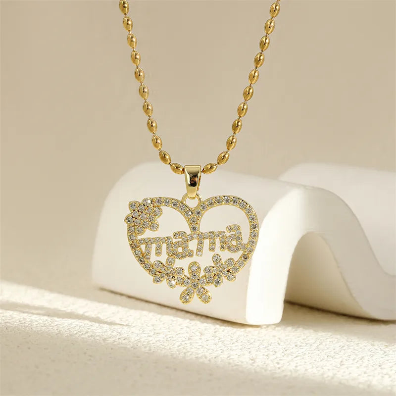 Wholesale Jewelry Simple Style Classic Style Letter Heart Shape Flower 201 Stainless Steel Brass Zircon 18K Gold Plated Hollow Out Inlay Pendant Necklace