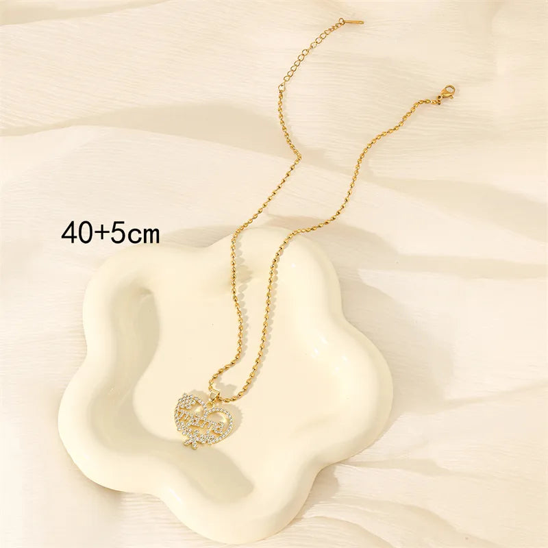 Wholesale Jewelry Simple Style Classic Style Letter Heart Shape Flower 201 Stainless Steel Brass Zircon 18K Gold Plated Hollow Out Inlay Pendant Necklace