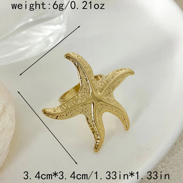 Wholesale Jewelry Simple Style Classic Style Pentagram Starfish 304 Stainless Steel 14K Gold Plated Plating Hollow Out Open Rings
