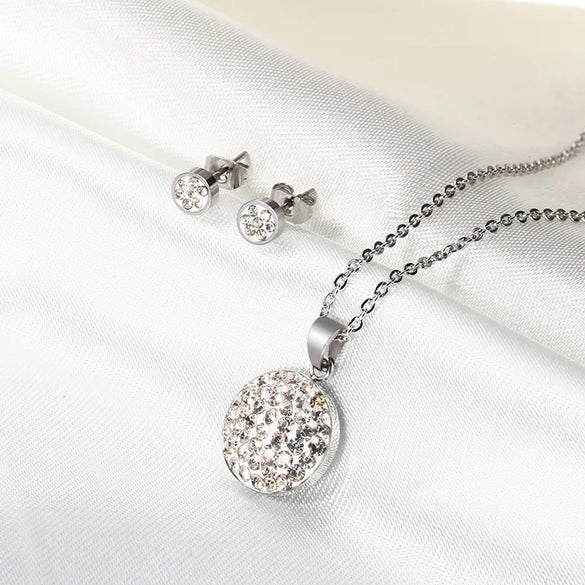 Wholesale Jewelry Simple Style Classic Style Round 304 Stainless Steel Rhinestones 18K Gold Plated Inlay Earrings Necklace