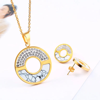 Wholesale Jewelry Simple Style Classic Style Round 304 Stainless Steel Rhinestones 18K Gold Plated Inlay Earrings Necklace