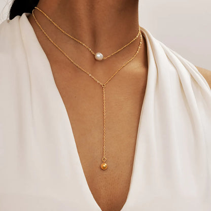 Wholesale Jewelry Simple Style Classic Style Solid Color 201 Stainless Steel Artificial Pearls Zircon 18K Gold Plated Layered Long Necklace