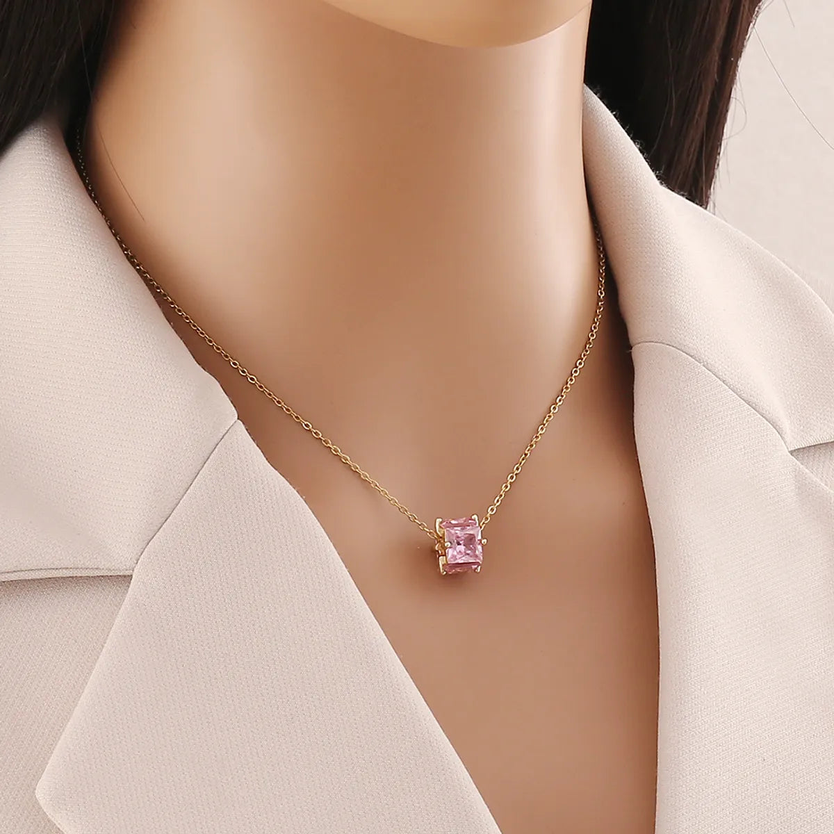 Wholesale Jewelry Simple Style Classic Style Square 304 Stainless Steel Diamond 18K Gold Plated Plating Inlay Pendant Necklace