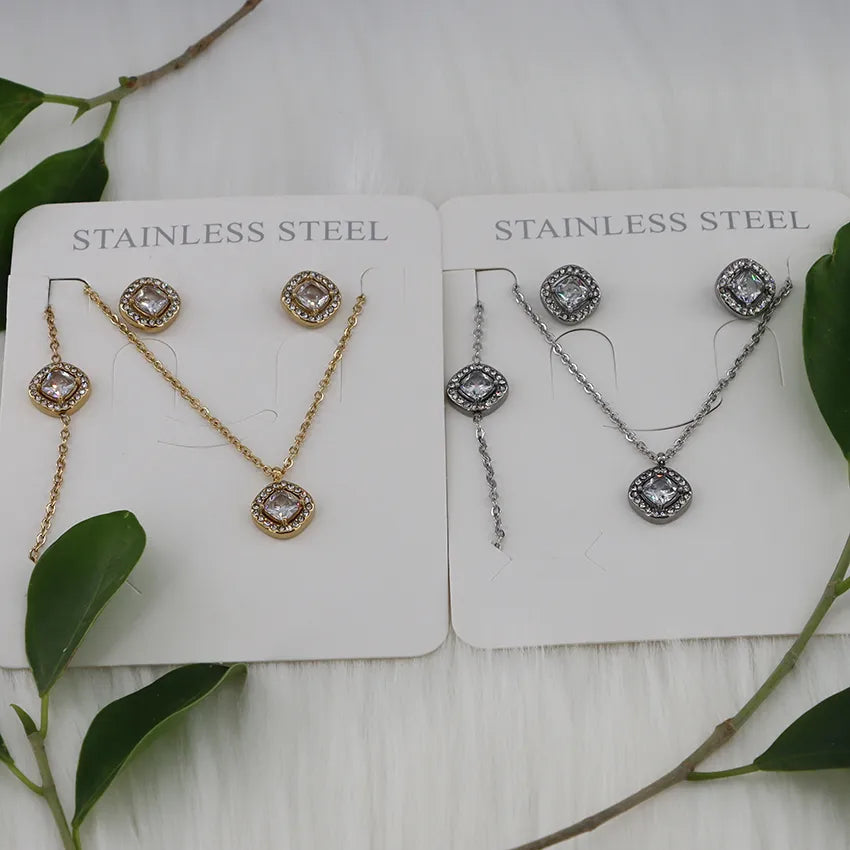 Wholesale Jewelry Simple Style Classic Style Square 304 Stainless Steel Zircon Gold Plated Inlay Jewelry Set