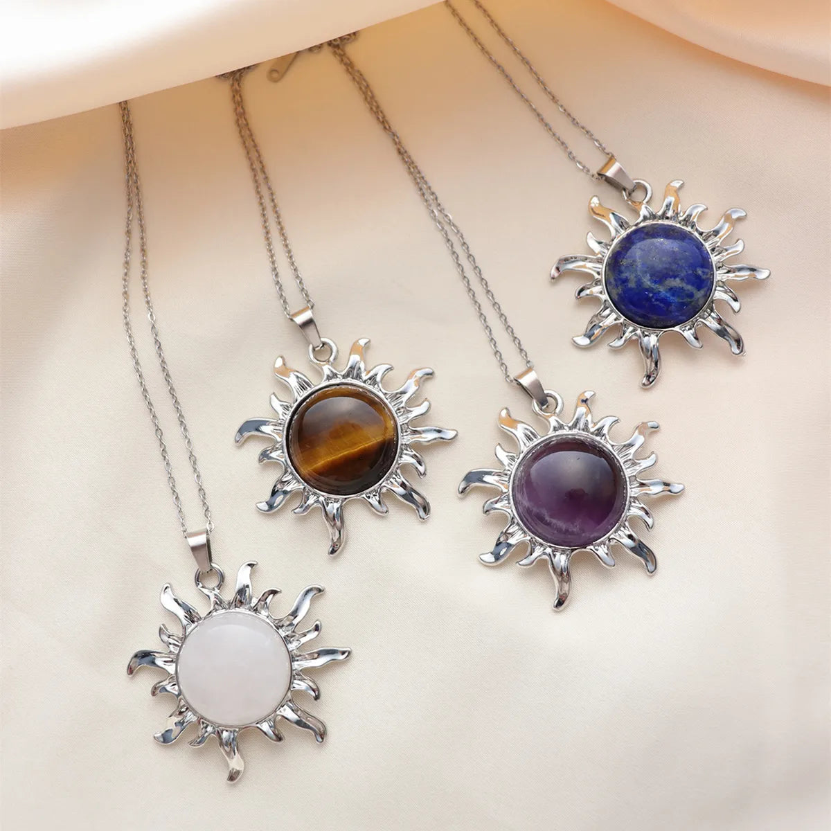 Wholesale Jewelry Simple Style Classic Style Sun Alloy Natural Stone Silver Plated Plating Inlay Pendant Necklace