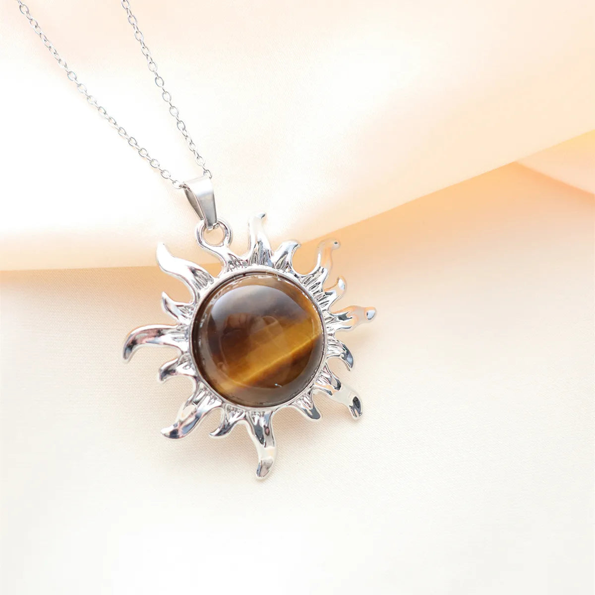 Wholesale Jewelry Simple Style Classic Style Sun Alloy Natural Stone Silver Plated Plating Inlay Pendant Necklace