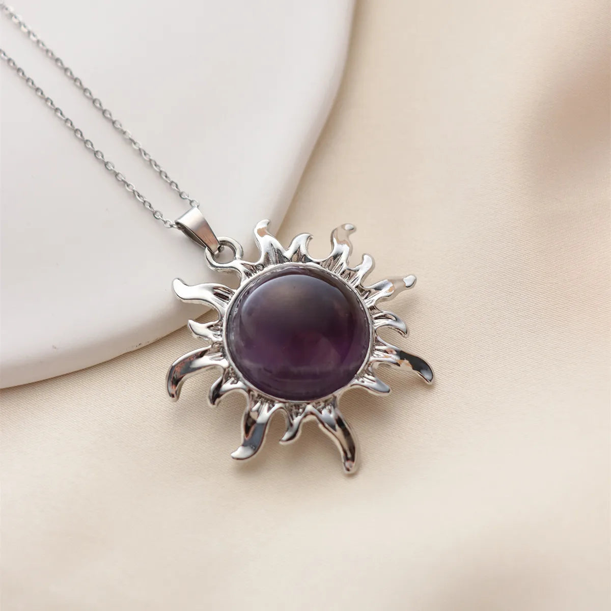 Wholesale Jewelry Simple Style Classic Style Sun Alloy Natural Stone Silver Plated Plating Inlay Pendant Necklace