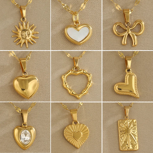 Wholesale Jewelry Simple Style Classic Style Sun Heart Shape Bow Knot 201 Stainless Steel 304 Stainless Steel Rhinestones Shell Zircon 18K Gold Plated Inlay Pendant Necklace