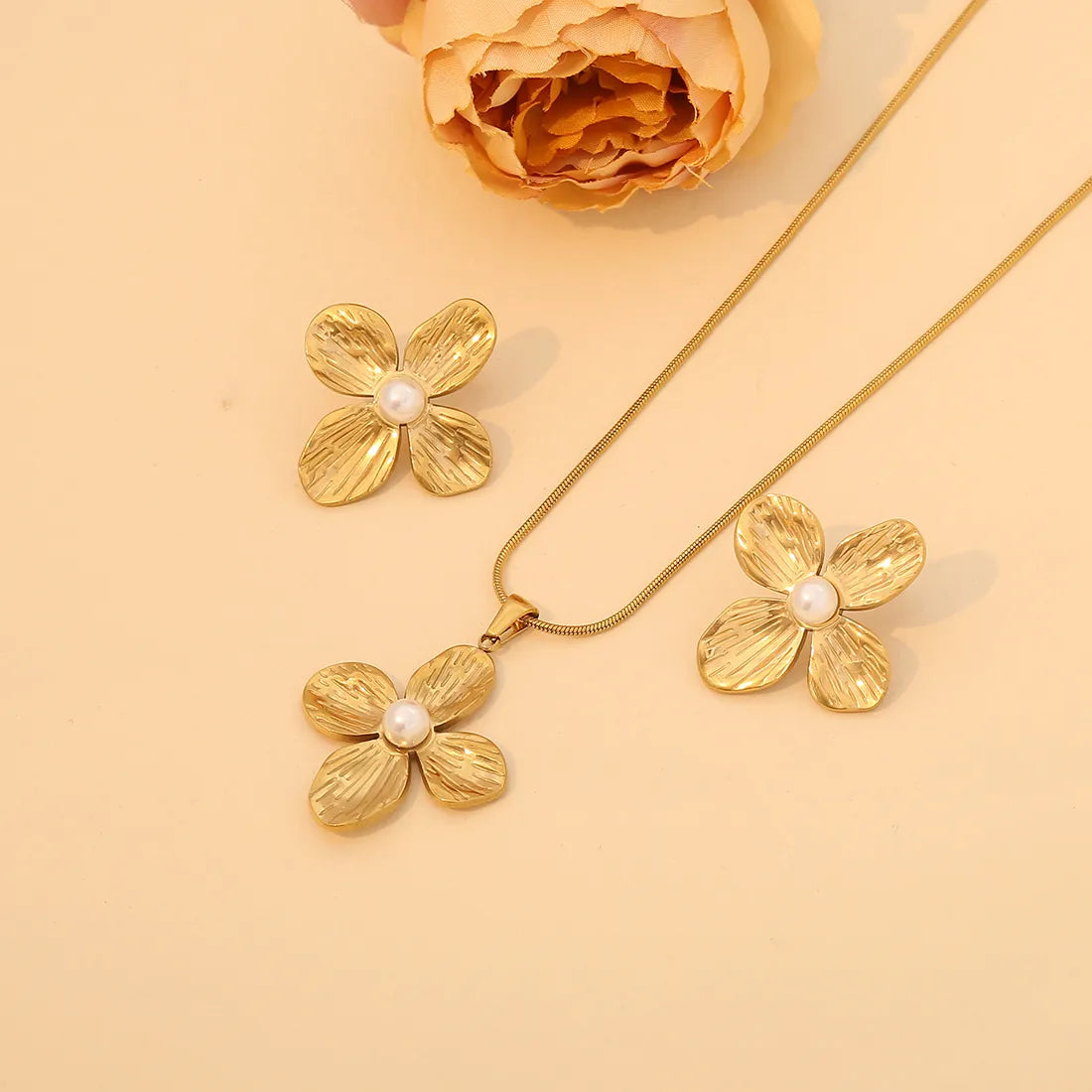 Wholesale Jewelry Simple Style Commute Flower 304 Stainless Steel Pearl 18K Gold Plated Plating Inlay Earrings Necklace