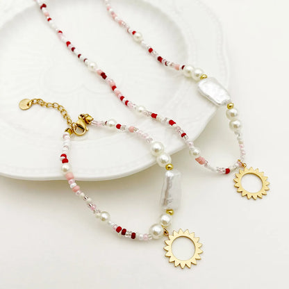 Wholesale Jewelry Simple Style Commute Round Sun 304 Stainless Steel Gold Plated Beaded Bracelets Necklace