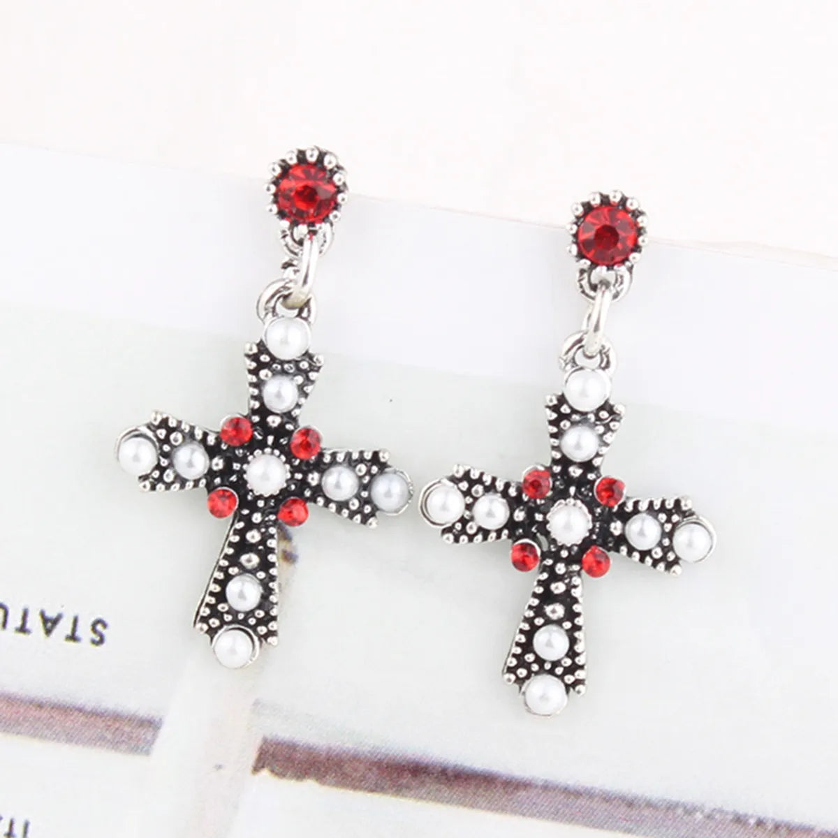 Wholesale Jewelry Simple Style Cross Alloy Gold Plated Plating Hollow Out Inlay Drop Earrings