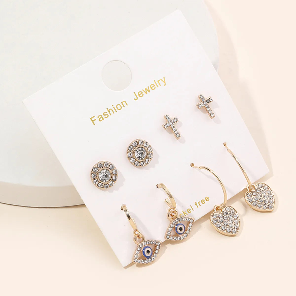 Wholesale Jewelry Simple Style Cross Heart Shape Eye Alloy Rhinestones Gold Plated Plating Inlay Earrings