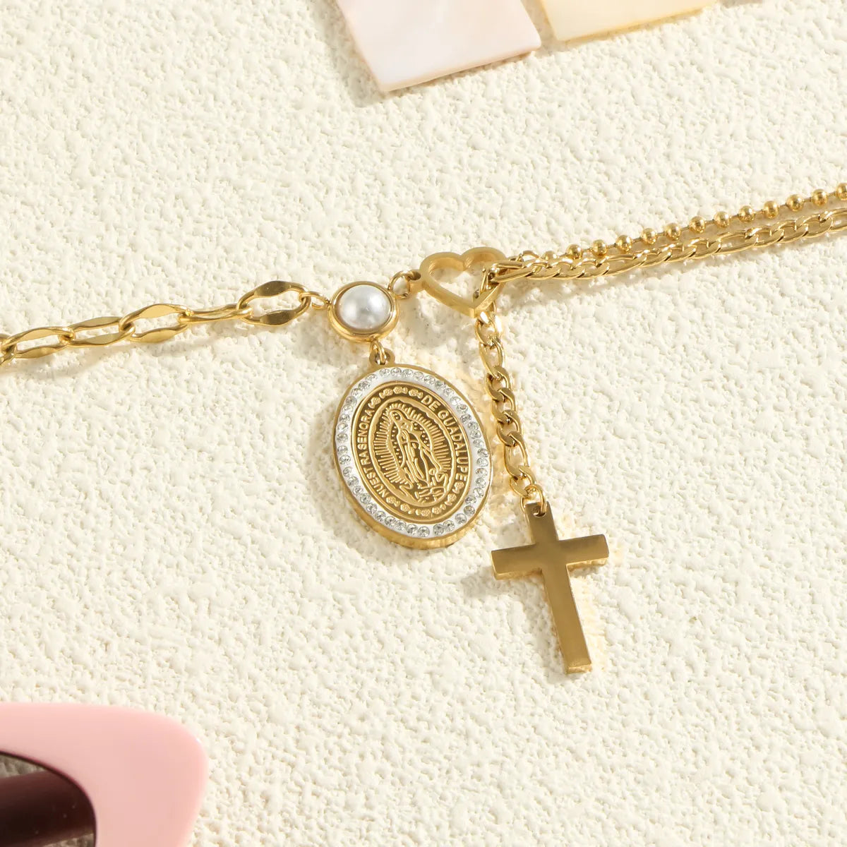 Wholesale Jewelry Simple Style Cross Oval 304 Stainless Steel Pearl Zircon Gold Plated Inlay Pendant Necklace